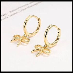 NEW 925 GOLD MINIMALIST GIRLY BOW RIBBON HOOP HUGGIE EARRINGS